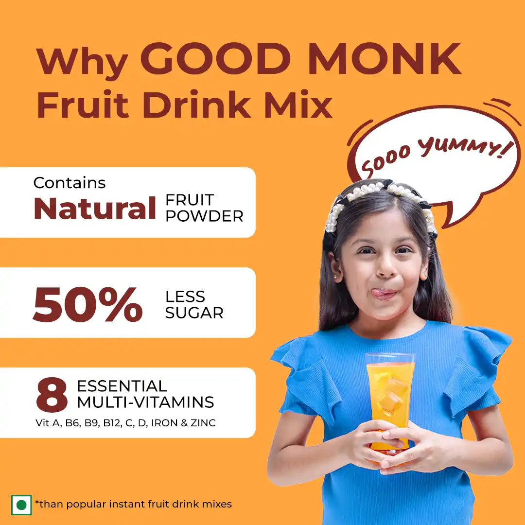 Instant Fruit Drink Mix - Natural Orange Powder, 50% Less Sugar, With 8 Vitamins & Minerals