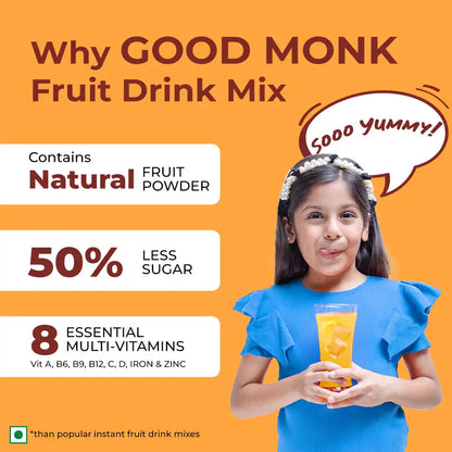 Instant Fruit Drink Mix - Natural Orange Powder, 50% Less Sugar, With 8 Vitamins & Minerals