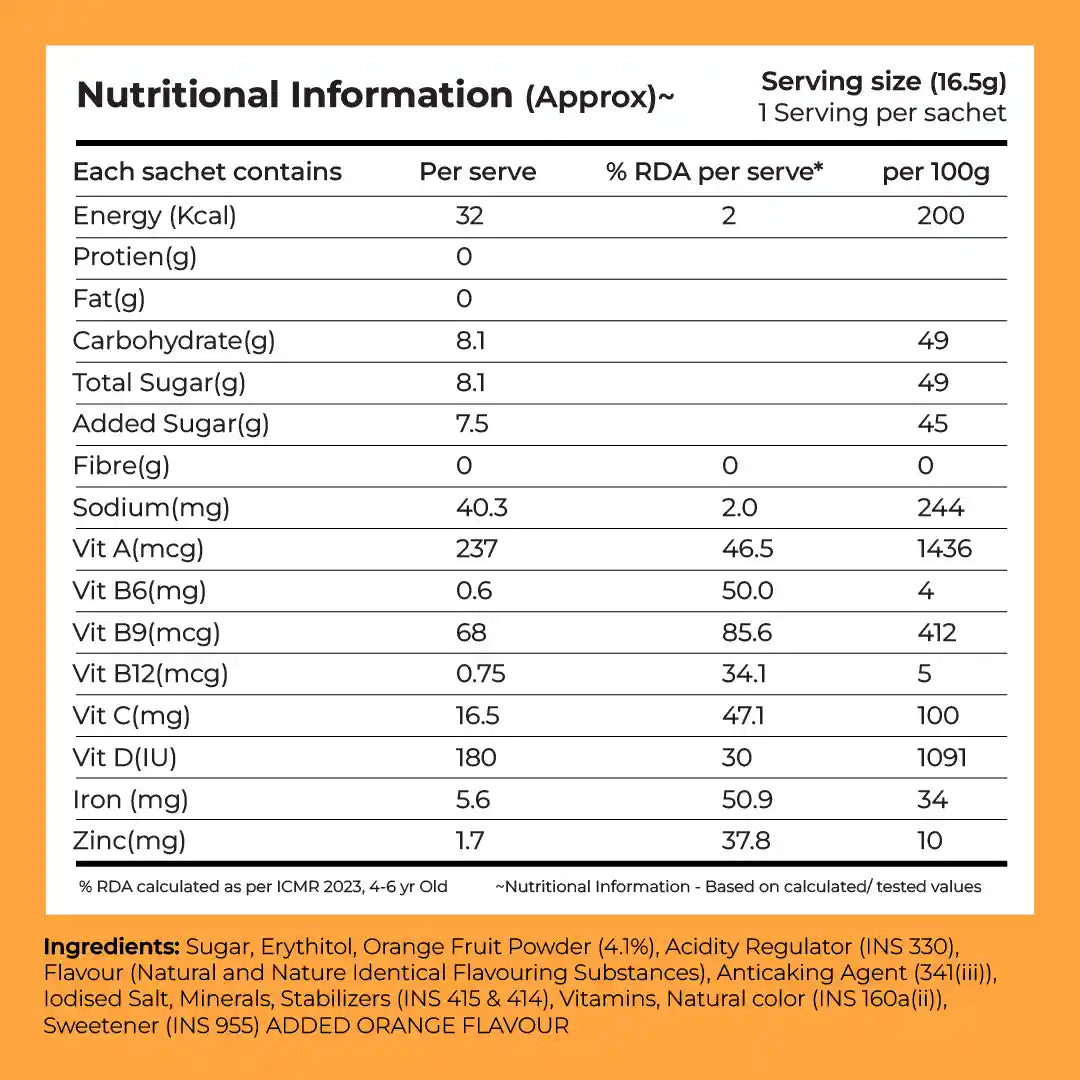 Instant Fruit Drink Mix - Natural Orange Powder, 50% Less Sugar, With 8 Vitamins & Minerals