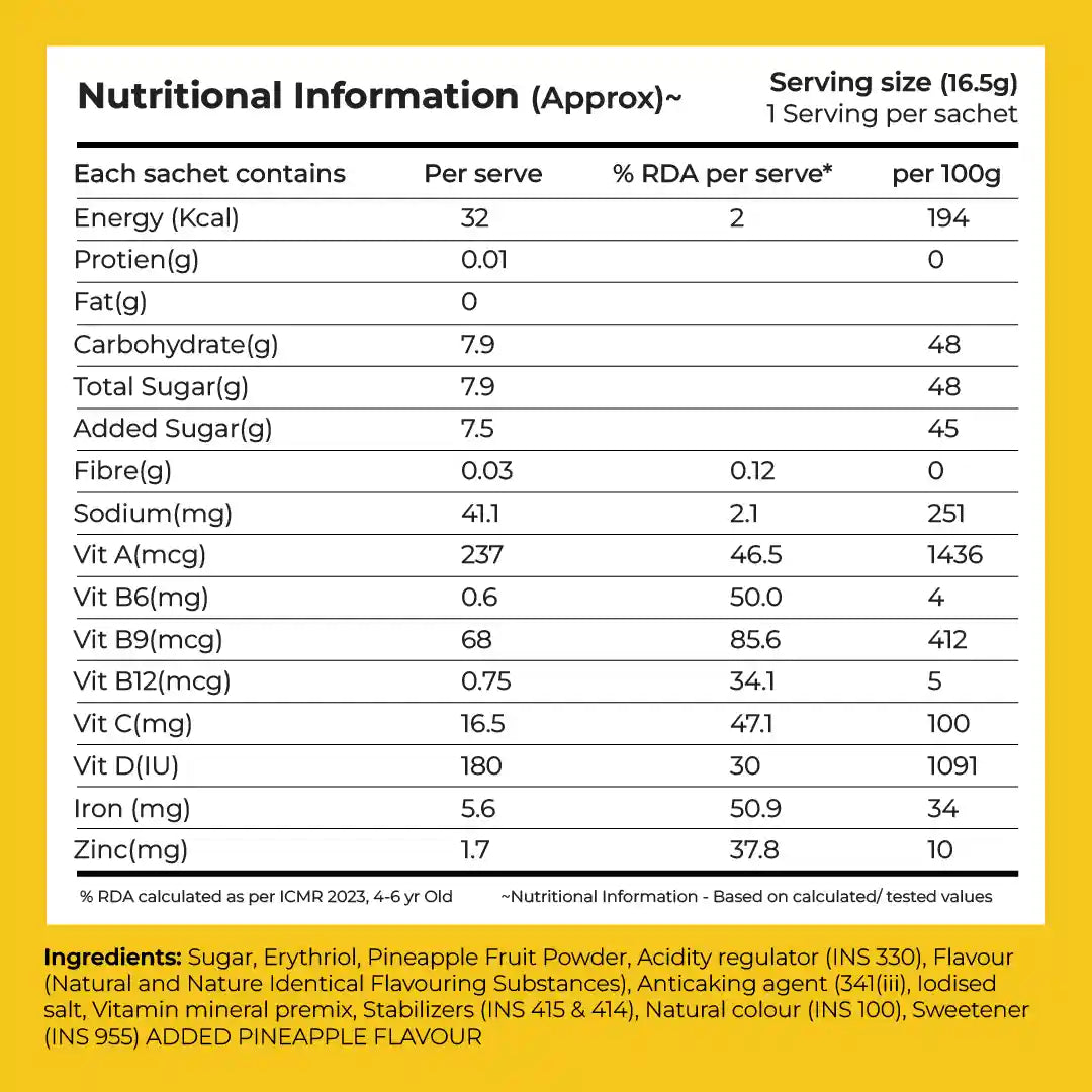 Instant Fruit Drink Mix - Natural Pineapple Powder, 50% Less Sugar, With 8 Vitamins & Minerals