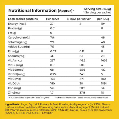 Instant Fruit Drink Mix - Natural Pineapple Powder, 50% Less Sugar, With 8 Vitamins & Minerals