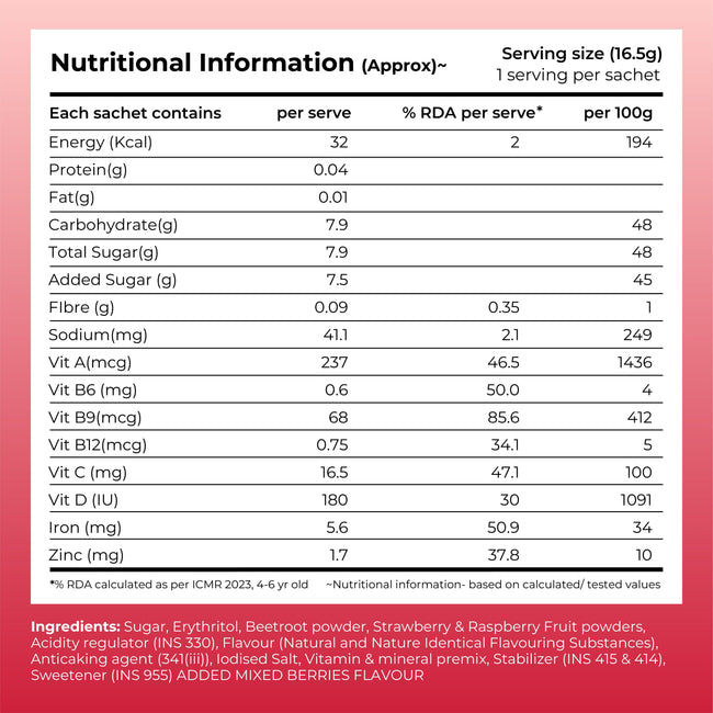 Instant Fruit Drink Mix - Natural Mixed Berries Powder, 50% Less Sugar, With 8 Vitamins & Minerals