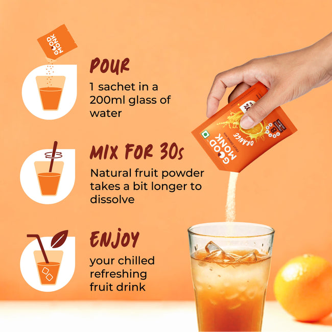 Instant Fruit Drink Mix - Natural Orange Powder, 50% Less Sugar, With 8 Vitamins & Minerals