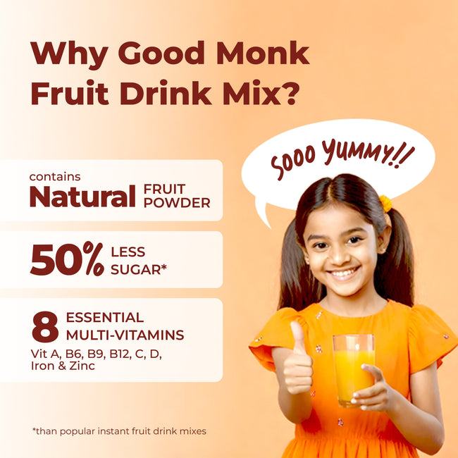 Instant Fruit Drink Mix - Natural Orange Powder, 50% Less Sugar, With 8 Vitamins & Minerals