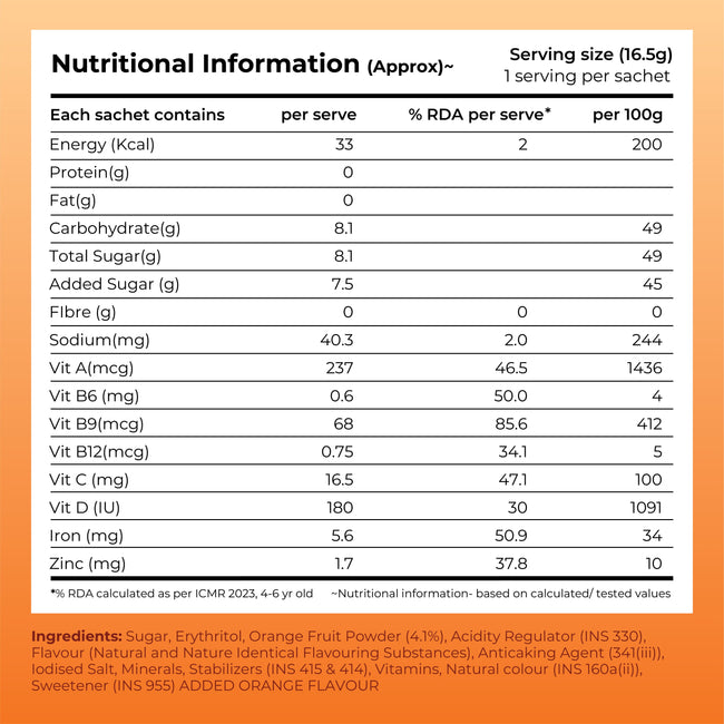 Instant Fruit Drink Mix - Natural Orange Powder, 50% Less Sugar, With 8 Vitamins & Minerals