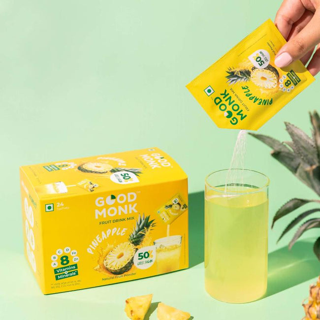 Instant Fruit Drink Mix - Natural Pineapple Powder, 50% Less Sugar, With 8 Vitamins & Minerals