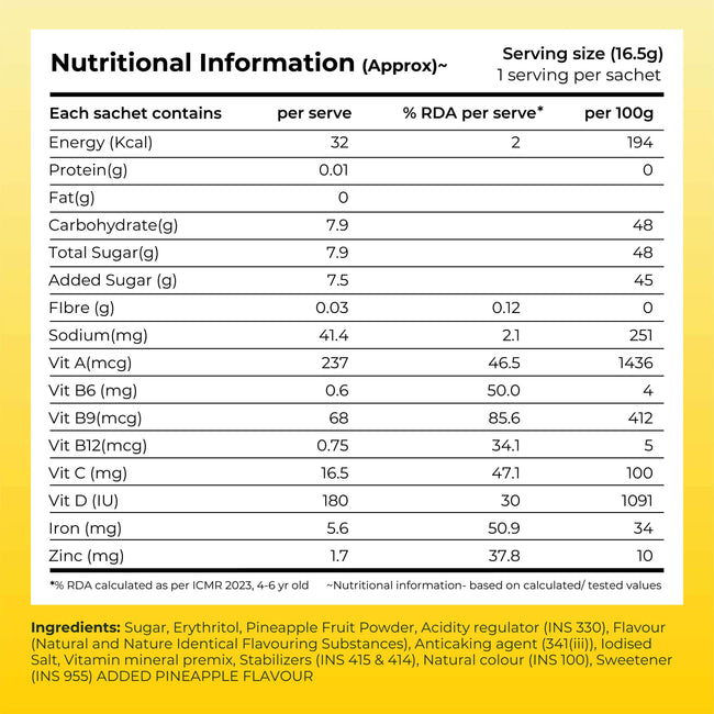 Instant Fruit Drink Mix - Natural Pineapple Powder, 50% Less Sugar, With 8 Vitamins & Minerals